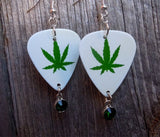Marijuana Leaf Guitar Pick Earrings with Green Crystal Charm Dangles