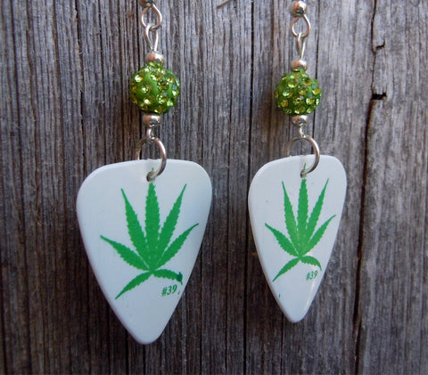 Marijuana Leaf Guitar Pick Earrings with Green Pave Beads