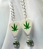 Dangling Marijuana Leaf Guitar Pick Earrings with Green Glass Pearl Dangles