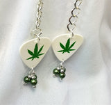 Dangling Marijuana Leaf Guitar Pick Earrings with Green Glass Pearl Dangles