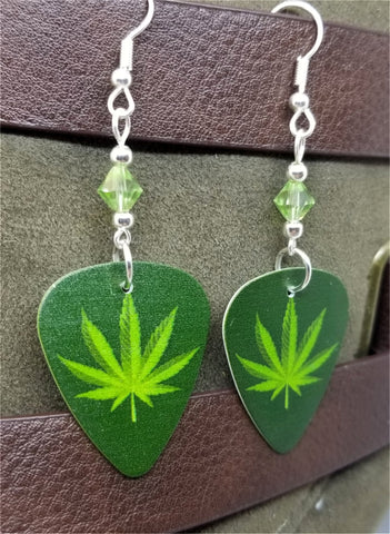 Marijuana Leaf Guitar Pick Earrings with Green Swarovski Crystals