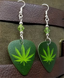 Marijuana Leaf Guitar Pick Earrings with Green Swarovski Crystals