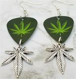 Marijuana Leaf Guitar Pick Earrings with Marijuana Leaf Charm Dangles