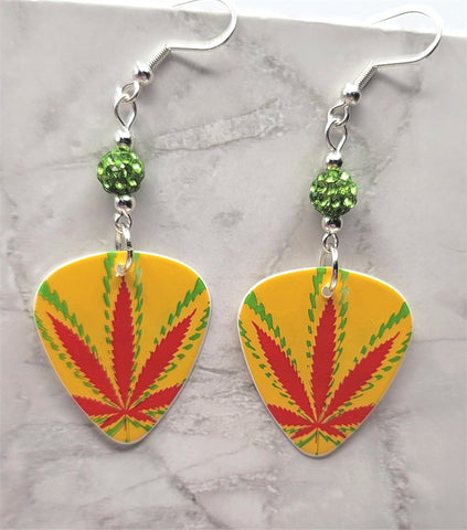 Yellow, Red and Green Marijuana Leaf Guitar Pick Earrings with Green Pave Beads