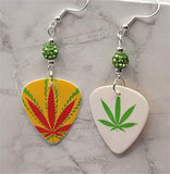 Yellow, Red and Green Marijuana Leaf Guitar Pick Earrings with Green Pave Beads