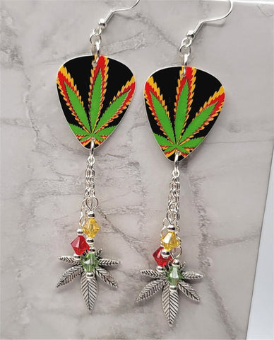 Yellow, Red, Green and Marijuana Leaf on Black Guitar Pick Earrings with Marijuana Leaf Charm and Swarovski Crystal Dangles