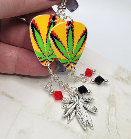 Yellow, Green, Red and Black Guitar Pick Earrings with Marijuana Leaf Charm and Swarovski Crystal Dangles