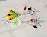 Yellow, Green, Red and Black Guitar Pick Earrings with Marijuana Leaf Charm and Swarovski Crystal Dangles