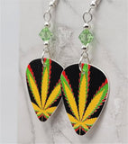 Black, Yellow and Green Marijuana Leaf Guitar Pick Earrings with Green Swarovski Crystals