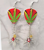 Red, Yellow and Green Guitar Pick Earrings with Marijuana Leaf Charm and Swarovski Crystal Dangles