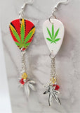 Red, Yellow and Green Guitar Pick Earrings with Marijuana Leaf Charm and Swarovski Crystal Dangles