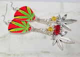 Red, Yellow and Green Guitar Pick Earrings with Marijuana Leaf Charm and Swarovski Crystal Dangles