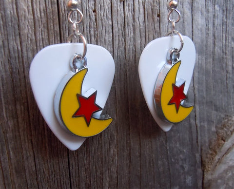 Yellow Half Moon and Red Star Charm Guitar Pick Earrings - Pick Your Color