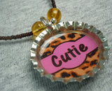 Brown Glass Bead Necklace with Bottlecap Cheetah Print Cutie Pendant