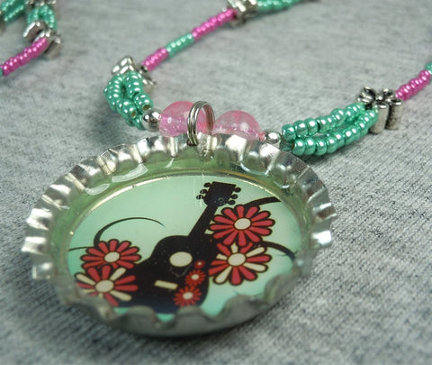 Pink and Green Guitar and Flowers Necklace and Bottlecap Pendant