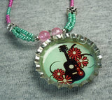 Pink and Green Guitar and Flowers Necklace and Bottlecap Pendant