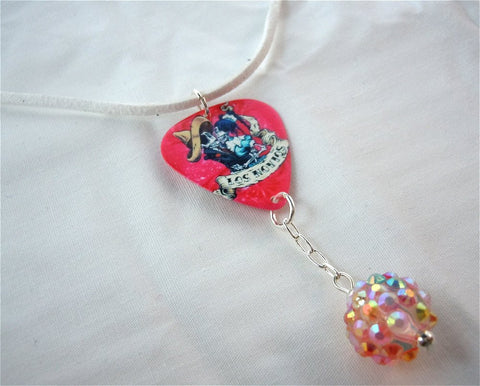 Los Novios Guitar Pick with Pink Rhinestone and White Suede Cord Necklace