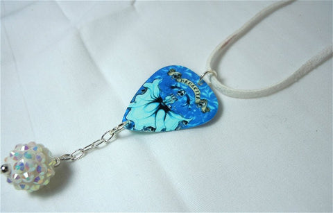 Icy Blue Fantasy Skeleton Guitar Pick and White Suede Cord Necklace