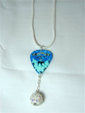 Icy Blue Fantasy Skeleton Guitar Pick and White Suede Cord Necklace