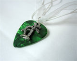 Palm Tree Charm with a Green MOP Guitar Pick on a White Ribbon Necklace