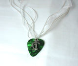 Palm Tree Charm with a Green MOP Guitar Pick on a White Ribbon Necklace