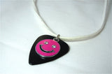 Happy Face Emoji on a Black Guitar Pick with White Suede Cord Necklace