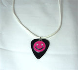 Happy Face Emoji on a Black Guitar Pick with White Suede Cord Necklace