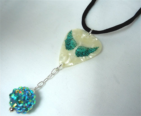 Teal Wings Guitar Pick and White Suede Cord Necklace with Teal Rhinestone Dangle