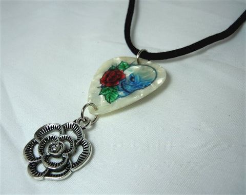 Skull and Rose Guitar Pick with a Flower Charm on a Black Suede Cord Necklace