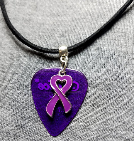 Purple Ribbon Heart Charm on Transparent Purple Guitar Pick Necklace with Black Suede Cord