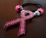 Pink Ribbon Crystal Encrusted Necklace with Pandora Style Beads