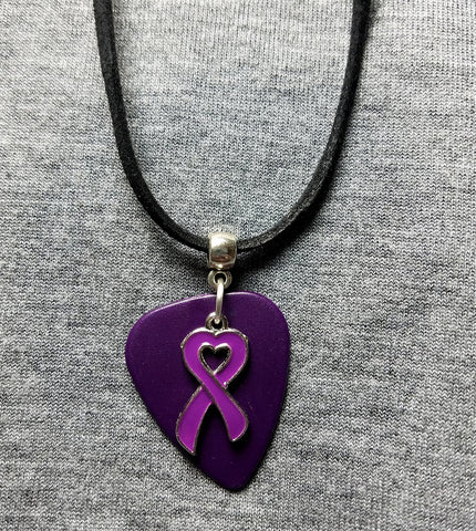 Purple Ribbon Heart Charm on Matte Purple Guitar Pick Necklace with Black Suede Cord
