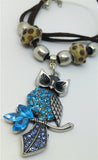 Owl with Aqua and Blue Encrusted Crystals Necklace with Pandora Style Beads