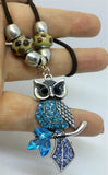 Owl with Aqua and Blue Encrusted Crystals Necklace with Pandora Style Beads