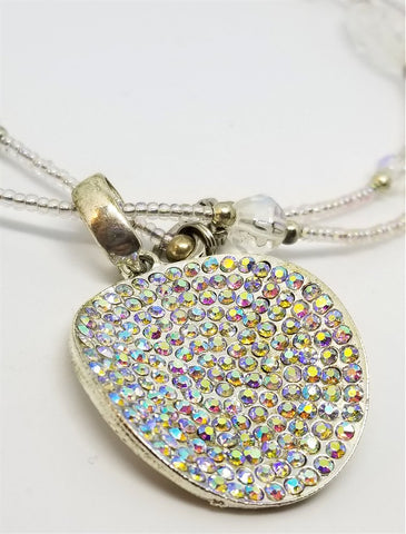 Clear AB Seed Glass Seed Bead Necklace with Clear Glass Beads and Crystal Encrusted Pendant