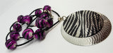 CLEARANCE Black Seed Glass Seed Bead Necklace with Purple and Black Zebra Beads and Circle Zebra Pattern Pendant
