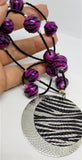 CLEARANCE Black Seed Glass Seed Bead Necklace with Purple and Black Zebra Beads and Circle Zebra Pattern Pendant