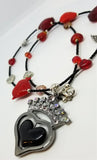 Heart Themed Black Seed Bead Necklace with Red Beads and Crowned Heart Pendant