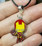 Iron Man Charm on a Black Rolled Leather Cord Necklace