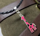 Hot Pink Giraffe Charm Necklace on a Black Braided Cord