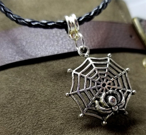 Spiderweb Charm Necklace on a Black Braided Cord