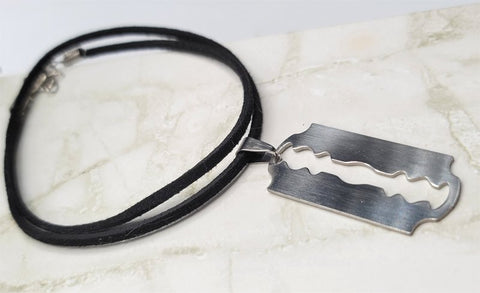 Razor Blade Pendant Necklace on a Black Suede Cord