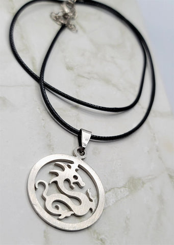 Encircled Dragon Pendant Necklace on a Black Rolled Cord