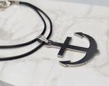 Anchor Stainless Steel Pendant Necklace on a Black Rolled Cord