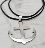 Anchor Stainless Steel Pendant Necklace on a Black Rolled Cord
