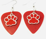 CLEARANCE Red Paw Print Charm Guitar Pick Earrings - Pick Your Color