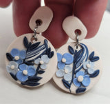 White Slab Polymer Clay Dangle Post Earrings with Blue Handmade Flowers
