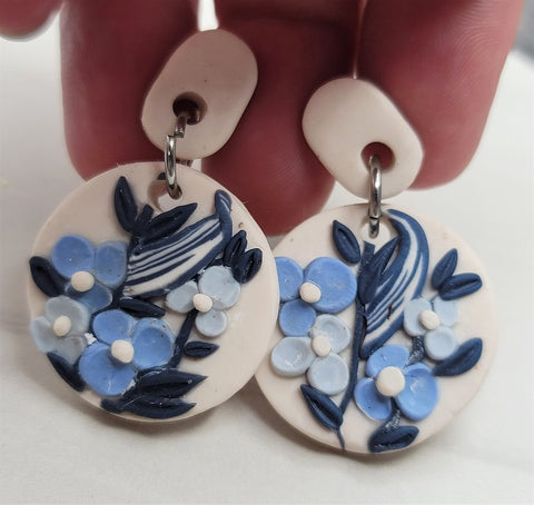 White Slab Polymer Clay Dangle Post Earrings with Blue Handmade Flowers
