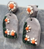 Gray Slab Polymer Clay Post Earrings with Daisy Style Flowers