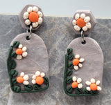 Gray Slab Polymer Clay Post Earrings with Daisy Style Flowers